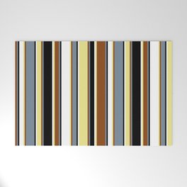 [ Thumbnail: Eyecatching Light Slate Gray, Brown, Tan, White & Black Colored Lines/Stripes Pattern Welcome Mat ]
