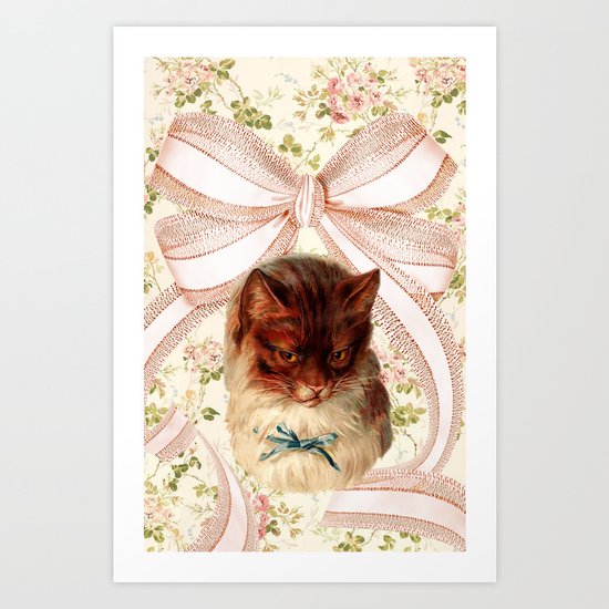 Vintage Floral Cat and Giant Bow Art Print