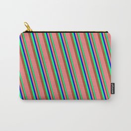 [ Thumbnail: Blue, Green, Sienna & Light Coral Colored Striped/Lined Pattern Carry-All Pouch ]