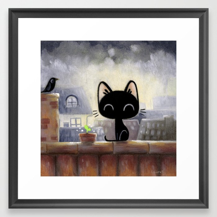 Black cat on the roof Framed Art Print by laures | Society6