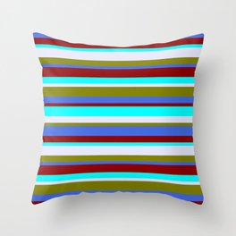 [ Thumbnail: Colorful Green, Royal Blue, Dark Red, Cyan & Lavender Colored Lined Pattern Throw Pillow ]