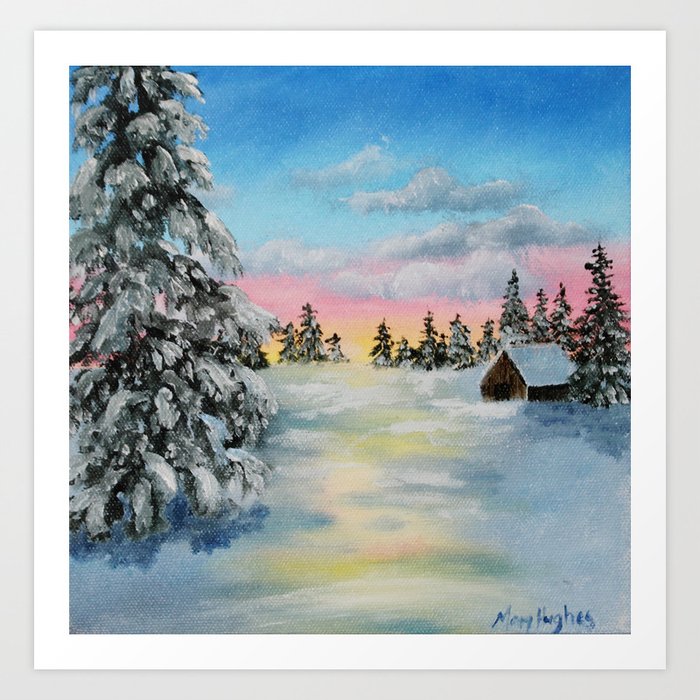 Winter Sunset Snow Scene Painting Art Print by MHughes