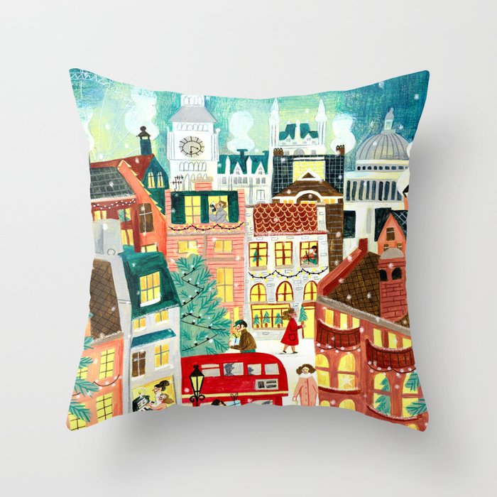 London city lights in the snow Throw Pillow