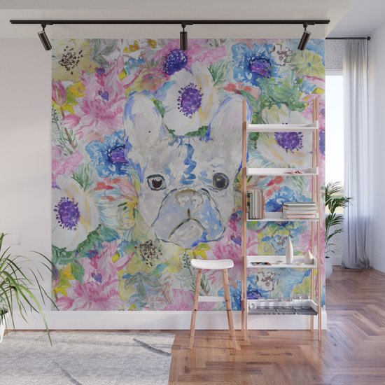 Abstract French Bulldog Floral Watercolor Paint Wall Mural By