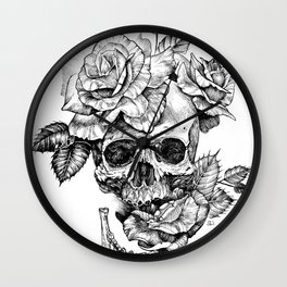 Black and White skull with roses pen drawing Wall Clock