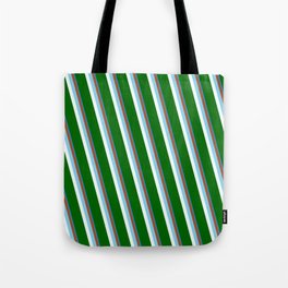 [ Thumbnail: Eyecatching Blue, Sienna, Sky Blue, Mint Cream & Dark Green Colored Stripes/Lines Pattern Tote Bag ]