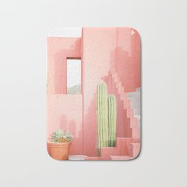 Cactus Plant on Pastel Pink | Spain Geometric Minimal Architecture Photography | Europe Post Modern Building Muralla Roja  Bath Mat | Plant, Roja, Geometric, Muralla, Europe, Spain, Cactus, Pastel, Photo, Architecture 