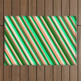 [ Thumbnail: Vibrant Green, Beige, Light Salmon, Dark Olive Green & Dark Green Colored Striped/Lined Pattern Outdoor Rug ]