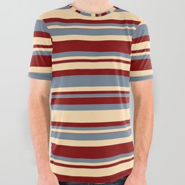 [ Thumbnail: Slate Gray, Tan, and Maroon Colored Striped/Lined Pattern All Over Graphic Tee ]
