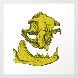 Cat Skull 5 (lemony yellow) Art Print | Ink, Yellow, Ink Pen, Brokenskull, Catskull, Jawbone, Tooth, Cat, Kitty, Drawing 