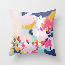 Misty Blooms- abstract - blue , pink and yellow Throw Pillow