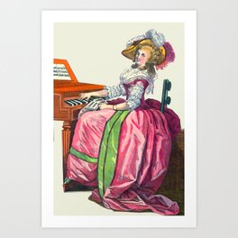 Vintage Rococo French Fashion Drawing, Musical Lady & Piano, Pink & Green Art Print