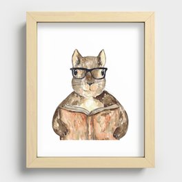 Squirrel reading book watercolor Recessed Framed Print