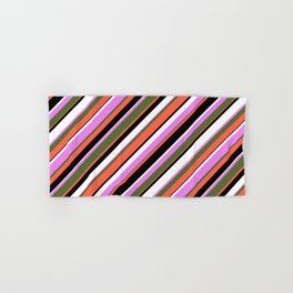 [ Thumbnail: Eyecatching Violet, Dark Olive Green, Red, Black, and White Colored Striped Pattern Hand & Bath Towel ]