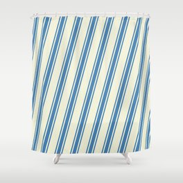[ Thumbnail: Beige and Blue Colored Pattern of Stripes Shower Curtain ]
