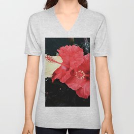 Three pastel yellow and coral Hibiscus flowers in the garden retro botanical cottage core photography V Neck T Shirt