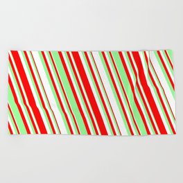 [ Thumbnail: Red, Green & White Colored Striped/Lined Pattern Beach Towel ]