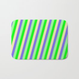 [ Thumbnail: Lime, Pale Goldenrod, Medium Slate Blue, and Green Colored Lined/Striped Pattern Bath Mat ]