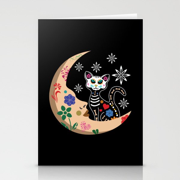 Muertos Day Of Dead Sugar Skull Cat Moon Halloween Stationery Cards
