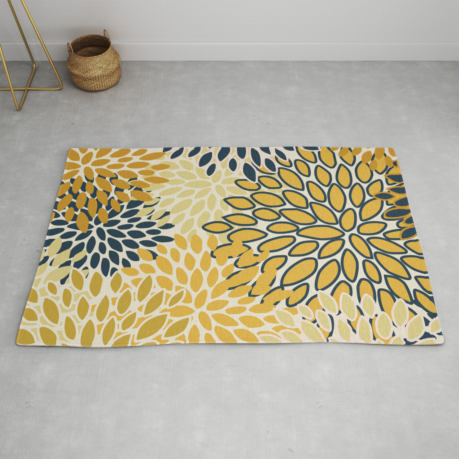 Fl Prints Abstract Art Navy Blue, Mustard Colored Rugs