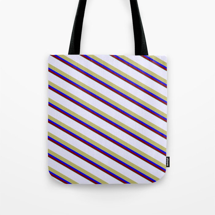 Lavender, Dark Khaki, Blue, Maroon, and Aquamarine Colored Striped/Lined Pattern Tote Bag