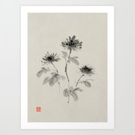 Flower Japanese Ink Painting - Calm Monotone Zen Art Art Print