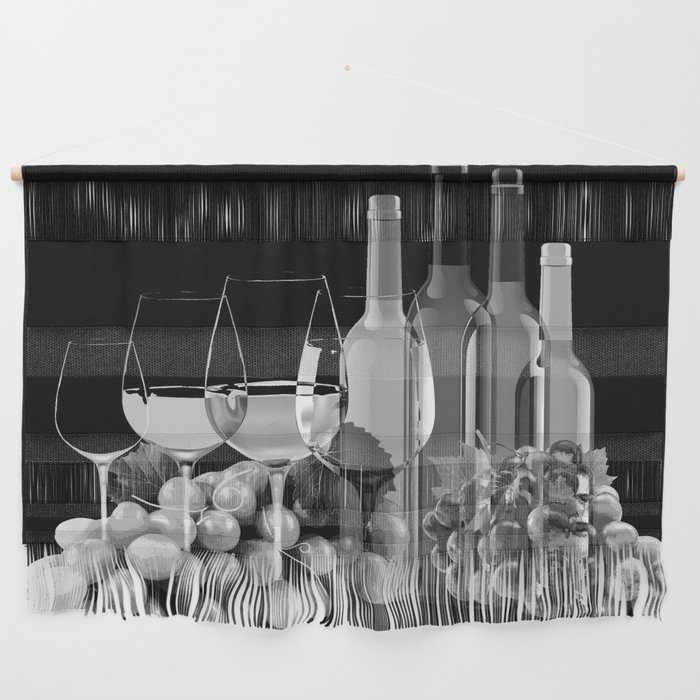 Black and White Graphic Art Composition Of Grapes, Wine Glasses, and Bottles Wall Hanging