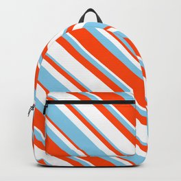[ Thumbnail: Sky Blue, Red & White Colored Stripes/Lines Pattern Backpack ]