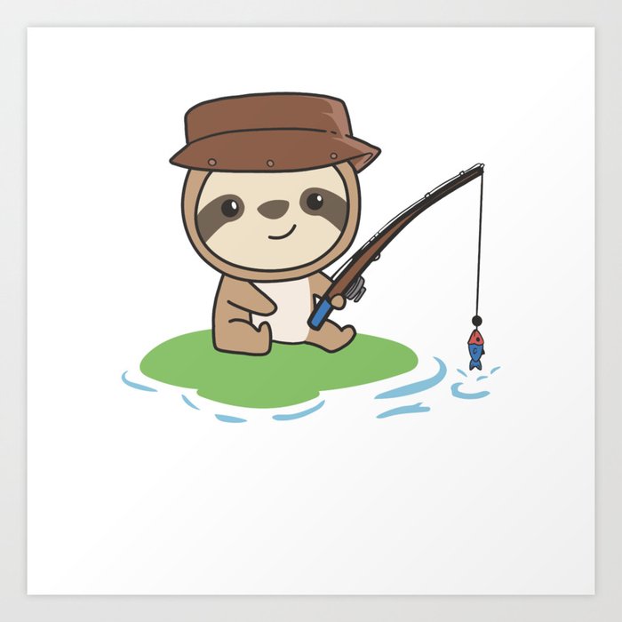 Sloth Fishing Cute Animal For Fishermen And Art Print