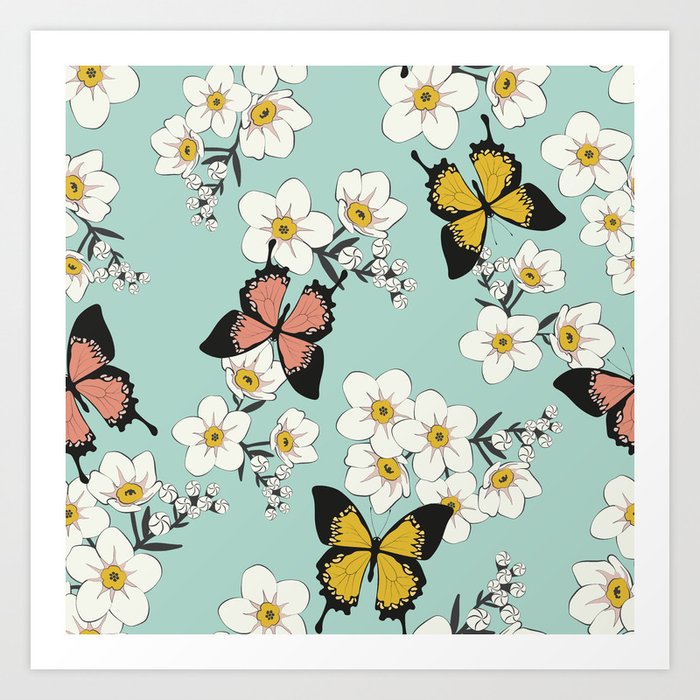 Vintage cute romantic seamless wild flowers pattern with butterflies - All  over floral daisy butterfly print - vintage Art Print