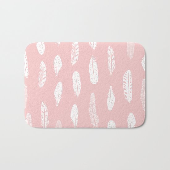 Feather pink and white minimal feathers pattern nursery gender neutral boho decor Bath Mat