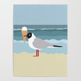 Cute seagull with ice cream by the sea Poster