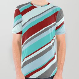[ Thumbnail: Eyecatching Dim Grey, Light Blue, Turquoise, Dark Red, and Light Cyan Colored Lines Pattern All Over Graphic Tee ]