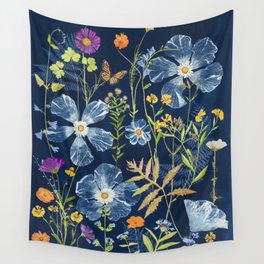 Cyanotype Painting (Hibiscus, Daisies, Cosmos, Ferns, Monarch) Wall Tapestry