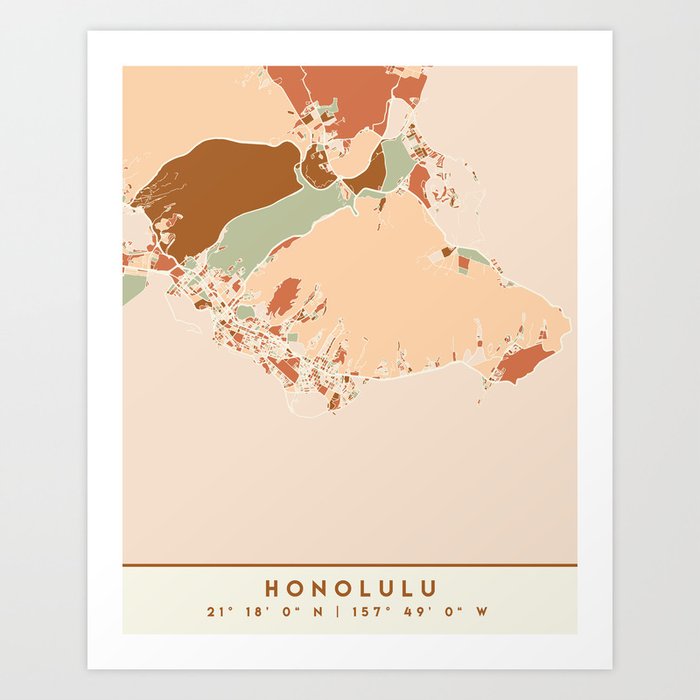 HONOLULU HAWAII CITY MAP EARTH TONES Art Print