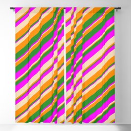 [ Thumbnail: Tan, Dark Orange, Forest Green, and Fuchsia Colored Striped Pattern Blackout Curtain ]