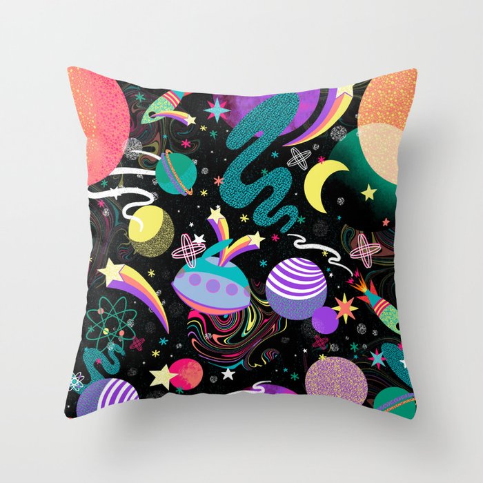 Are We There Yet Space Theme Colorful Galaxy Pop-Art Kids Pattern Throw Pillow