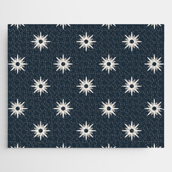 Navy atomic mid century white stars pattern Jigsaw Puzzle