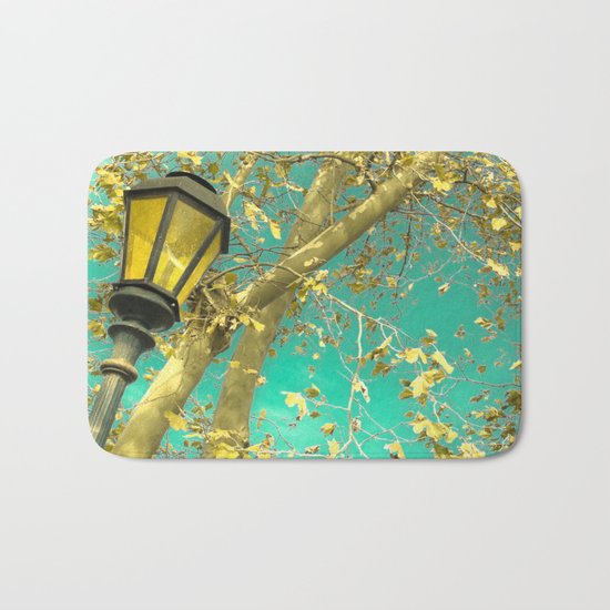 Autumn Gold Leafs in Turquoise Sky Bath Mat