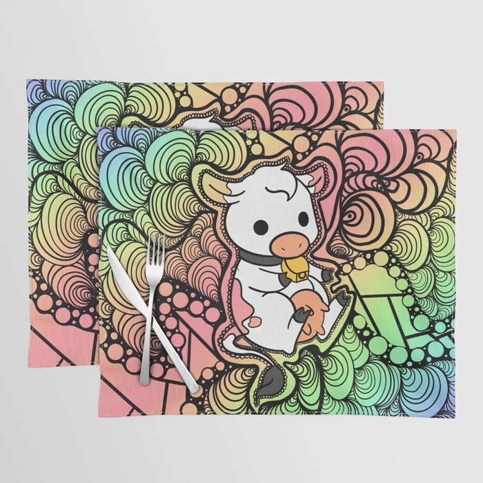 Rainbow Multi-Colored Trippy Cow Design Placemat
