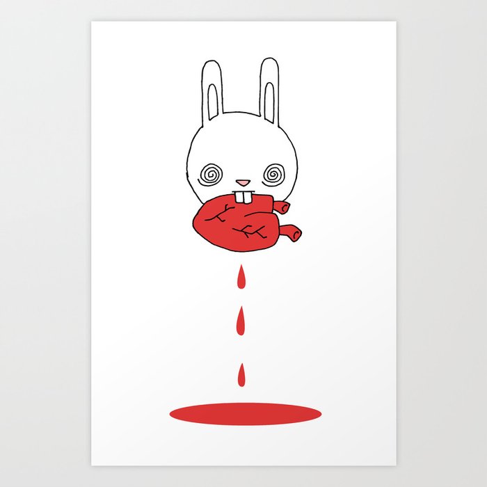 Hungry Bunny - funny cartoon drawing of cute bunny rabbit eating a heart of unknown provenance Art Print