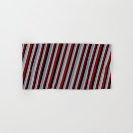[ Thumbnail: Slate Gray, Dark Gray, Dark Red & Black Colored Stripes Pattern Hand & Bath Towel ]