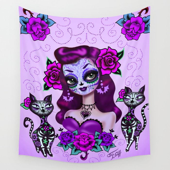 Purple Sugar Skull Girl Wall Tapestry