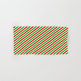 [ Thumbnail: Christmas-Inspired Red, White & Green Colored Lines Pattern Hand & Bath Towel ]