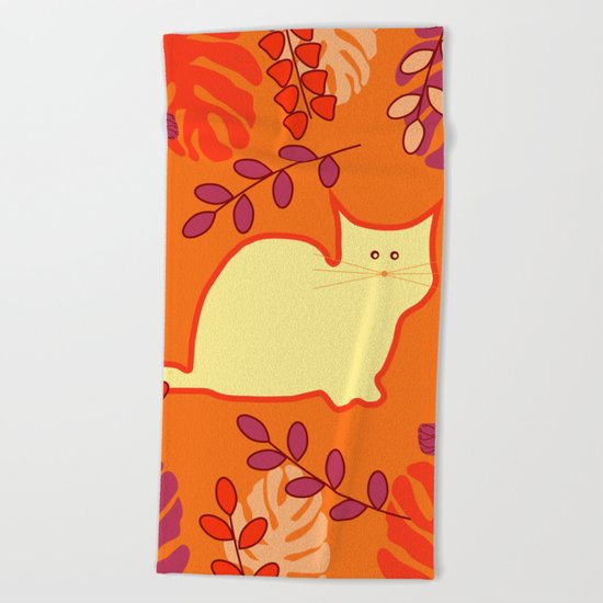 Curious cat, butterflies and leaves Beach Towel