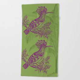 BIRDS IN FOREST. Purple and olive green. Beach Towel