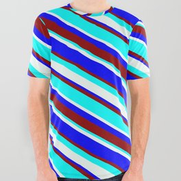 [ Thumbnail: Mint Cream, Blue, Dark Red, and Aqua Colored Lined Pattern All Over Graphic Tee ]