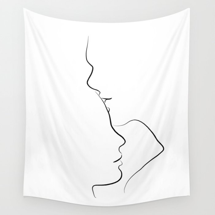 Couple Line Art Drawing - Forehead Kiss Wall Tapestry