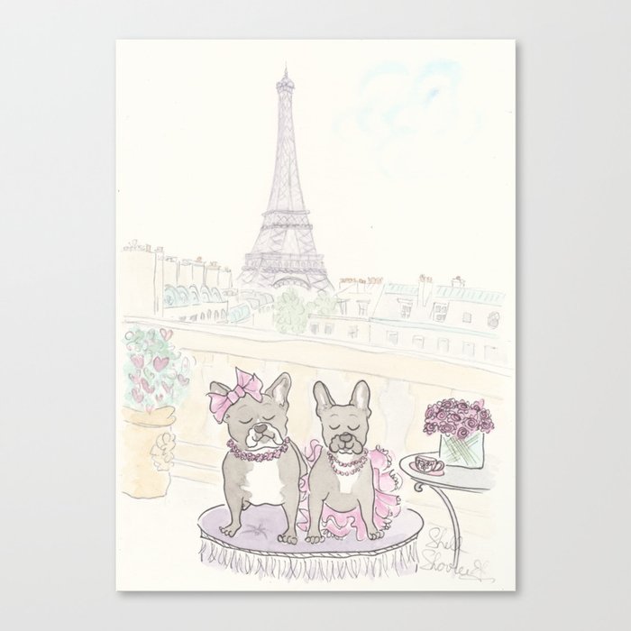 French Bulldogs and Tea in Paris with Eiffel Tower View Canvas Print