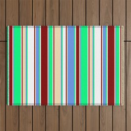 [ Thumbnail: Vibrant Green, Cornflower Blue, Tan, Maroon, and White Colored Lines Pattern Outdoor Rug ]